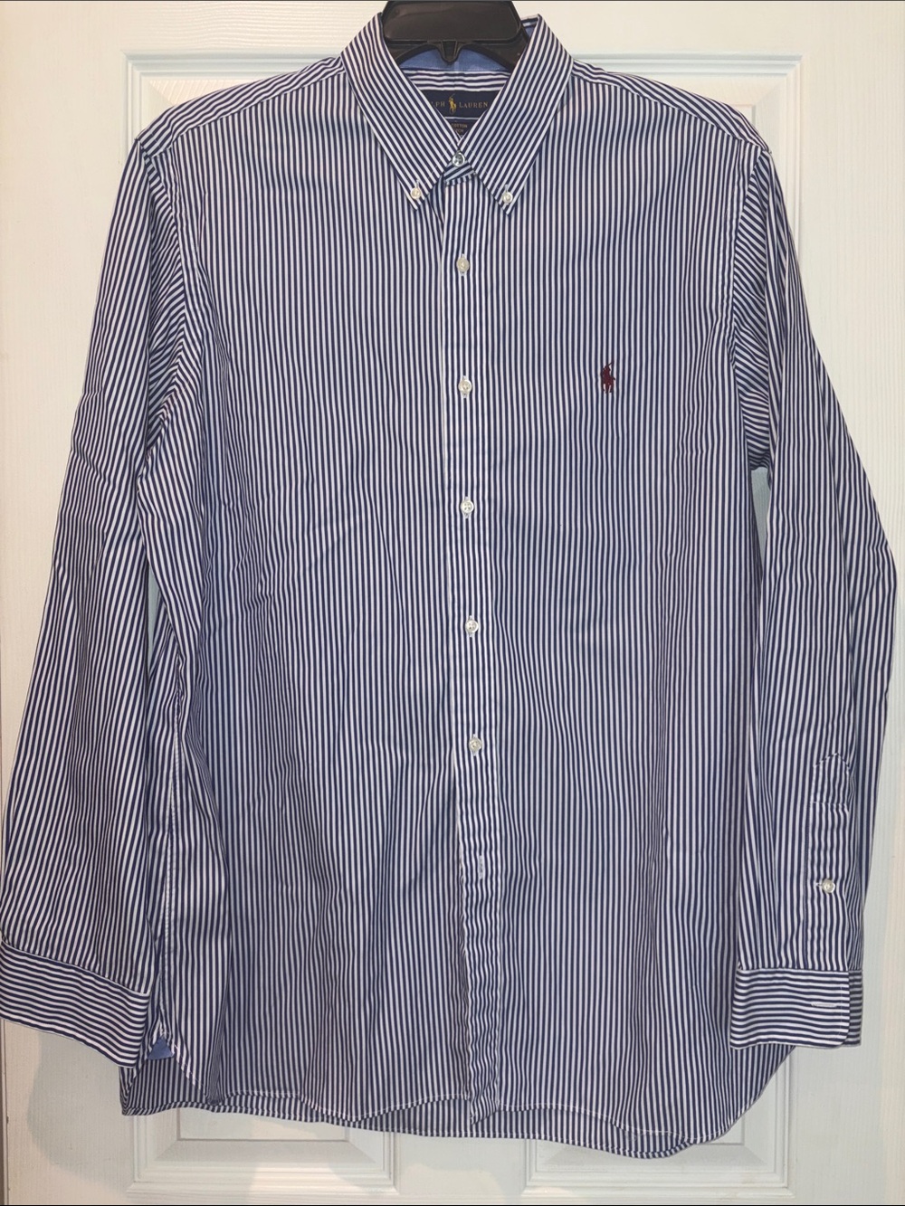 Ralph Lauren Navy and White Vertical Stripe Button-Down Shirt, XL